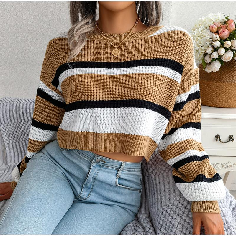Women Autumn Winter O Neck Long Sleeve Striped Crop Loose Knit Pullover