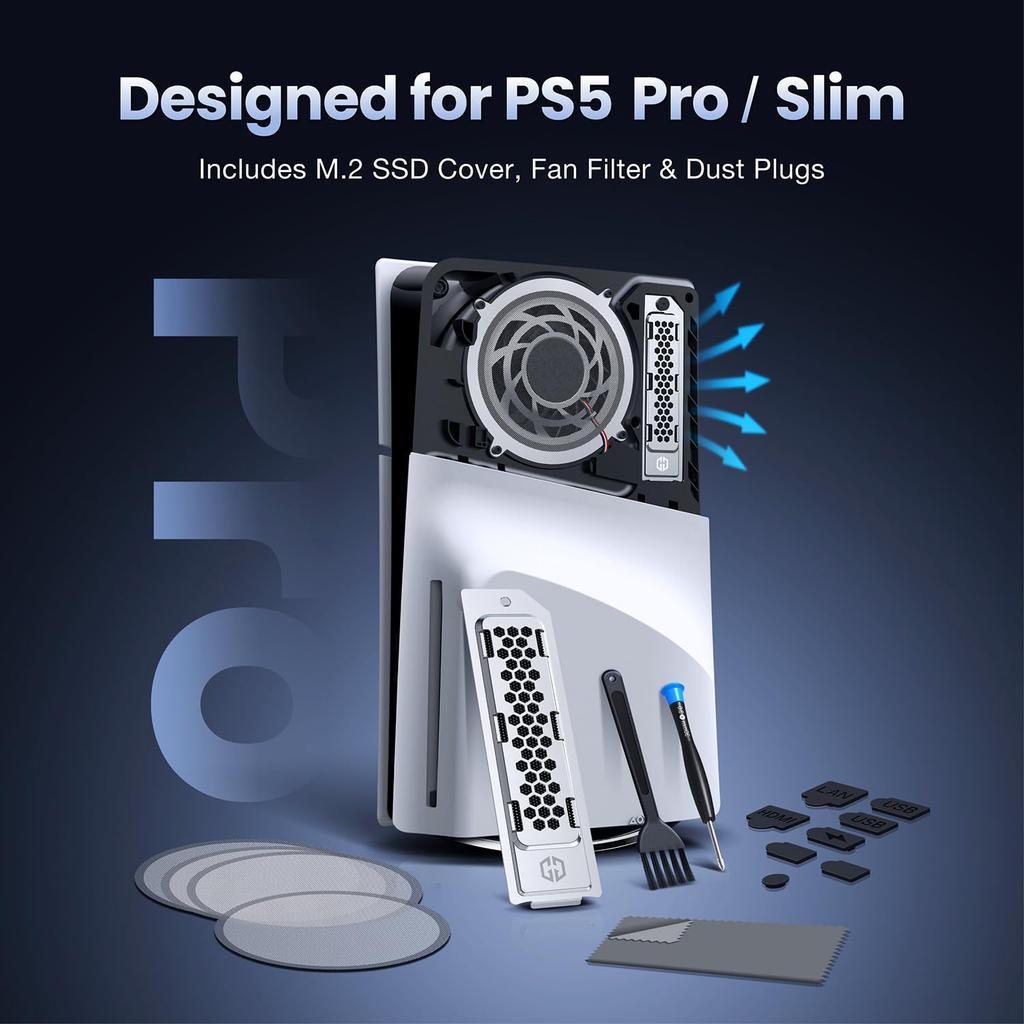 GRAUGEAR PS5 Cooling and Dustproof Kit for PS5 Includes SSD Heatsink Fan Dust and Connector Caps Prevents Overheating and Dust Compatible with