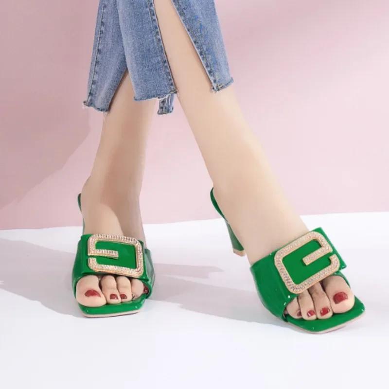 2024 Women's Summer New Luxury Rhinestone Designer Sandals PU Waterproof Elegant Banquet Party Dress Women's High Heels Zapatos