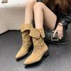 Pointed Toe Women's Half High Boots Solid Color Middle Heel Ladies Mid Calf Shoes Sale Gyaru Waterproof Work Trend 2024 Footwear