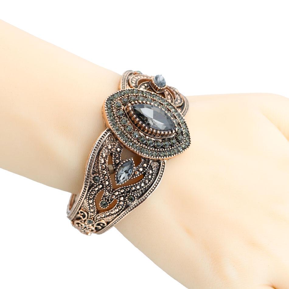 Gray Crystal Bangle for Women Antique Gold Color Charm Cuff Bracelets