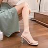 One-word Slippers Women's Summer Wear New Square Head Crystal Thick Heel Transparent Sexy High Heels Temperament Sandals