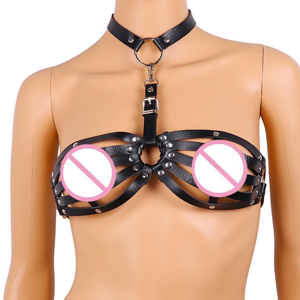 New Black Sexy Women Goth Lingerie Leather Halter Neck Body Bondage Cage Bra