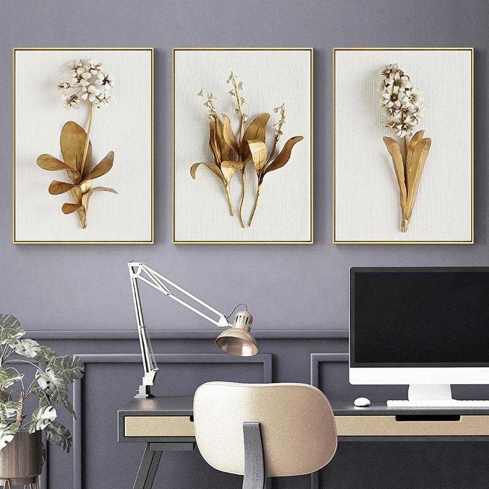 Art Golden Leaves Flowers White Flowers Gold Tulip Decorative Paintings Modern Bedroom Hanging Paintings Canvas Wall Art