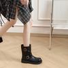Cowhide Version~ Autumn and Winter New Double Buckle Thick Heel Thick Sole Leather Retro Martin Boots Locomotive Short Boots Women's Western Short