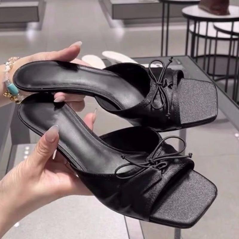 Fashion Women's Shoes 2025 Fashion New Summer Outdoor Peep Toe Women's Slippers Square Toe Stiletto Butterfly-knot Slippers
