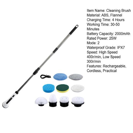 Electric Spin Brush Shower Scrubber with Long Handle IPX7 Waterproof Detachable Rechargeable Cordless Tile