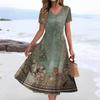Women's Summer Casual Fashion Print Pocket Short Sleeve V-Neck Swing Dress