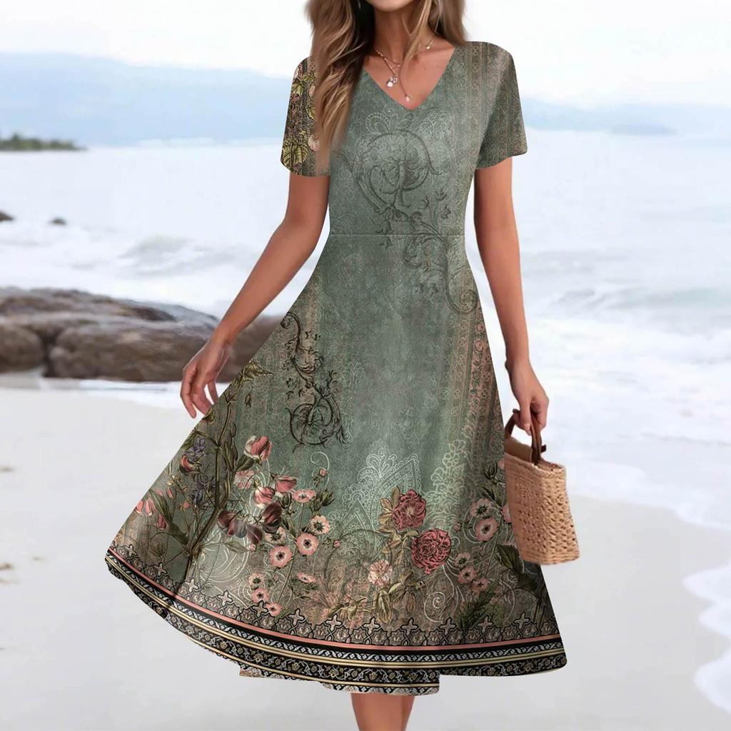 Women's Summer Casual Fashion Print Pocket Short Sleeve V-Neck Swing Dress