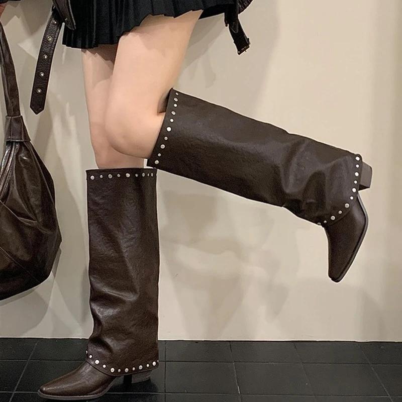 Eilyken Fashion Design Rivet Splicing Woman Knee-High Boots Autumn Winter Pointed Toe Square Heels Party Female Shoes