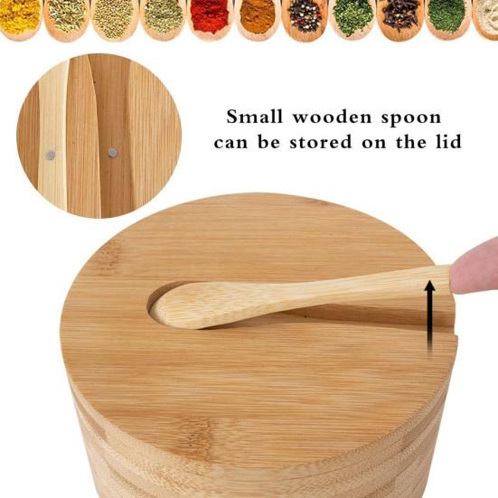 Bamboo Seasoning Storage Box with Magnetic Swivel Lid Wooden Salt Cellar Pepper Sugar Spice Holder Round Container Bowl Kitchen Gadgets