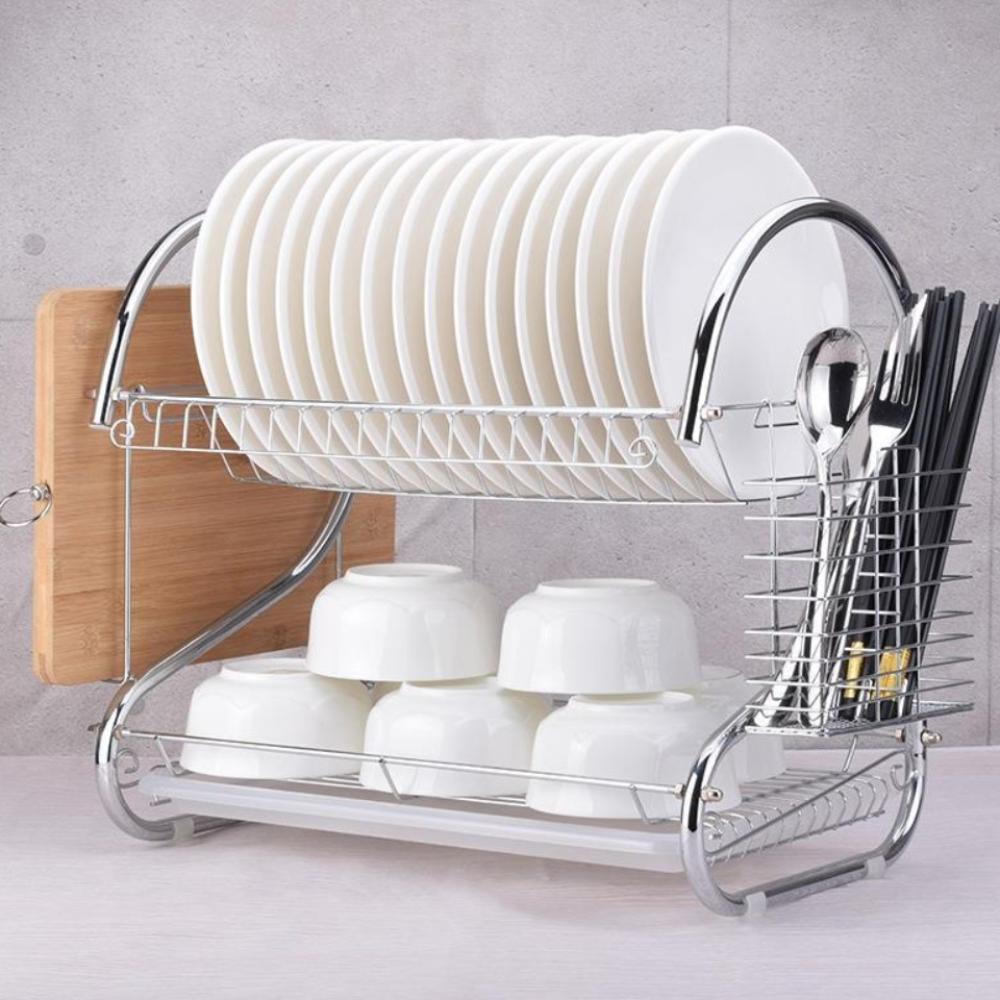 Space-saving S-Shaped Dish Drainer 2 Tier Tableware Holder Shelf Cup Drainer Chopsticks
