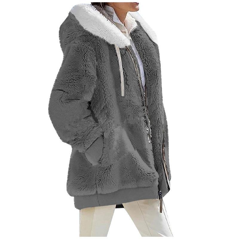 2024 Autumn/Winter Loose Plush Long Sleeve Zip Pocket Hooded Warm Coat for Women