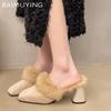 Square Toe Chunky Women Cotton Slippers Suede Fur Designer High Heels Shoes 2025 Trend Short Plush Fad Pumps Winter Lady Zapatos