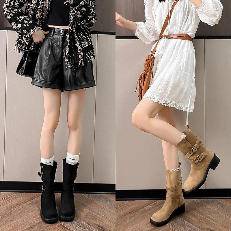 Retro Suede Western Cowboy Boots Women's Autumn and Winter Medium Tube Thick Heel Two Wear Lapel Short Boots Women's Belt Buckle Martin Boots