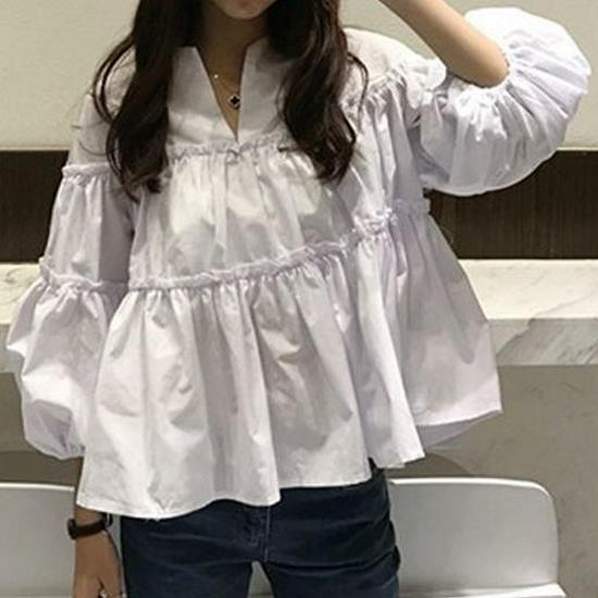 2023 Spring/Autumn Korean Style Sweet Loose Babydoll Puff Sleeve Shirt for Women