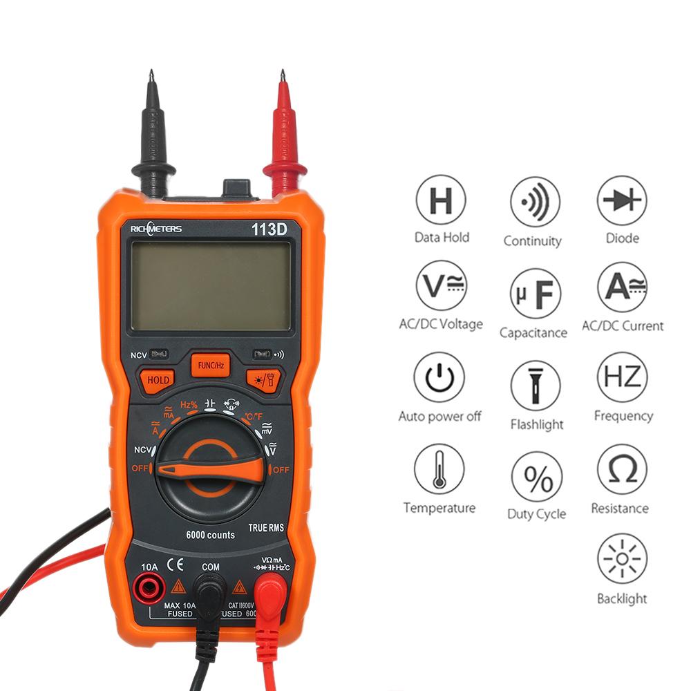 RICHMETERS RM113D NCV Digital Multimeter 6000 Counts Auto Ranging AC DC Voltage Temperature Measuring Meter Flash Light