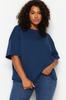 Women's Style Plus Size Navy Blue Collar Ribbed Wide Fit Basic Knitted T-shirt
