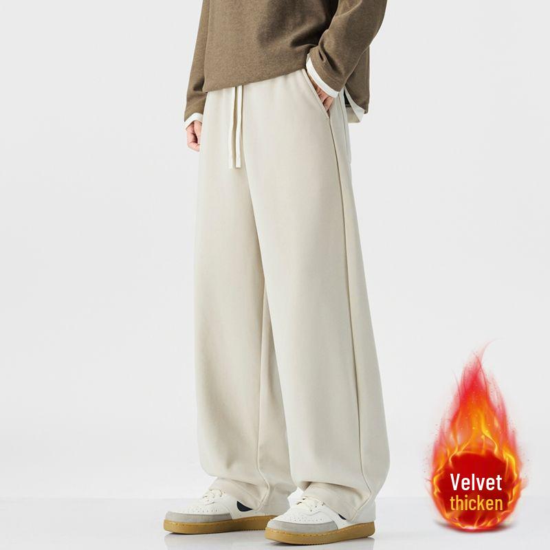 Fleece-Lined Retro Japanese Knit Sweatpants - Loose, Thick, Wide-Leg, Men's Casual Pants for Autumn/Winter