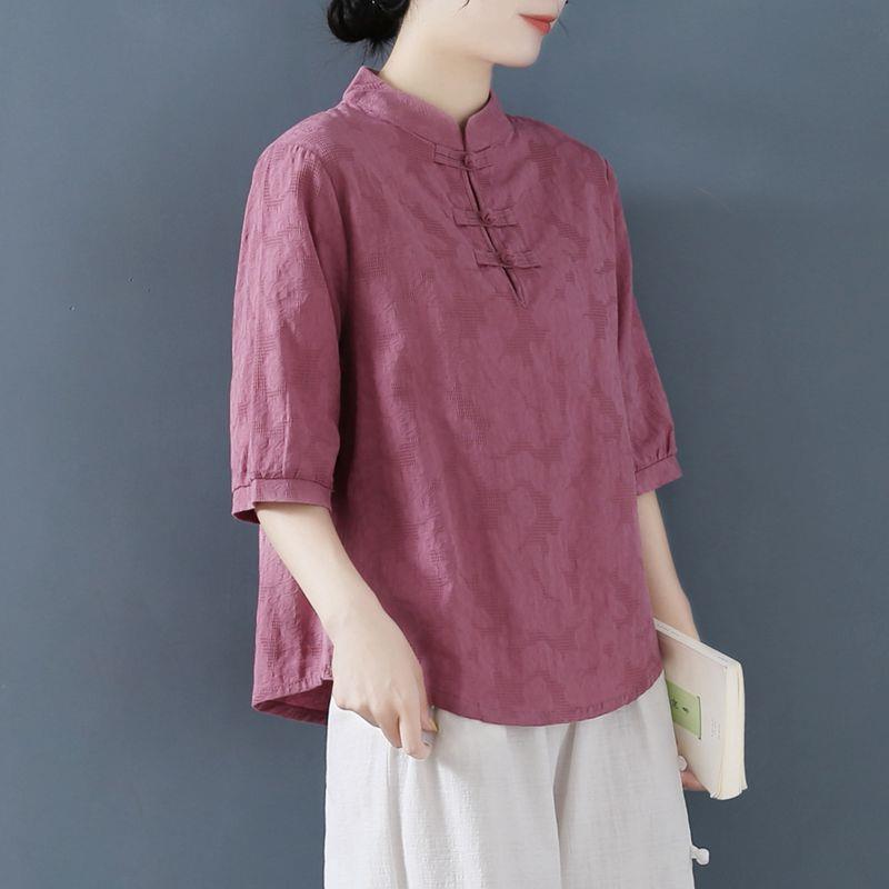 Vintage Literature and Art Plate Button Stand Collar Cotton Linen Jacquard Shirt Women's Summer Wear Versatile Pullover Linen Five Sleeve T-shirt Top