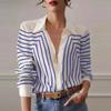 Spring Autumn Women's Striped Long Sleeve Shirt Elegant Turn Collar Loose Silk Blouses And Shirts