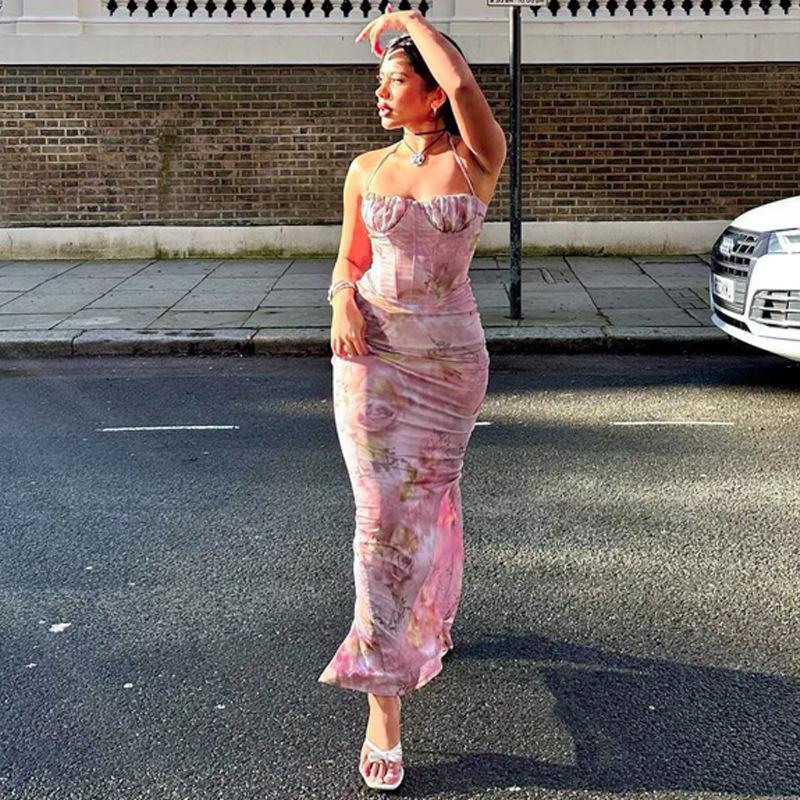 Fashionable Printed Sexy Chest Hugging Neck Hanging Slender Elevated Casual Dresses