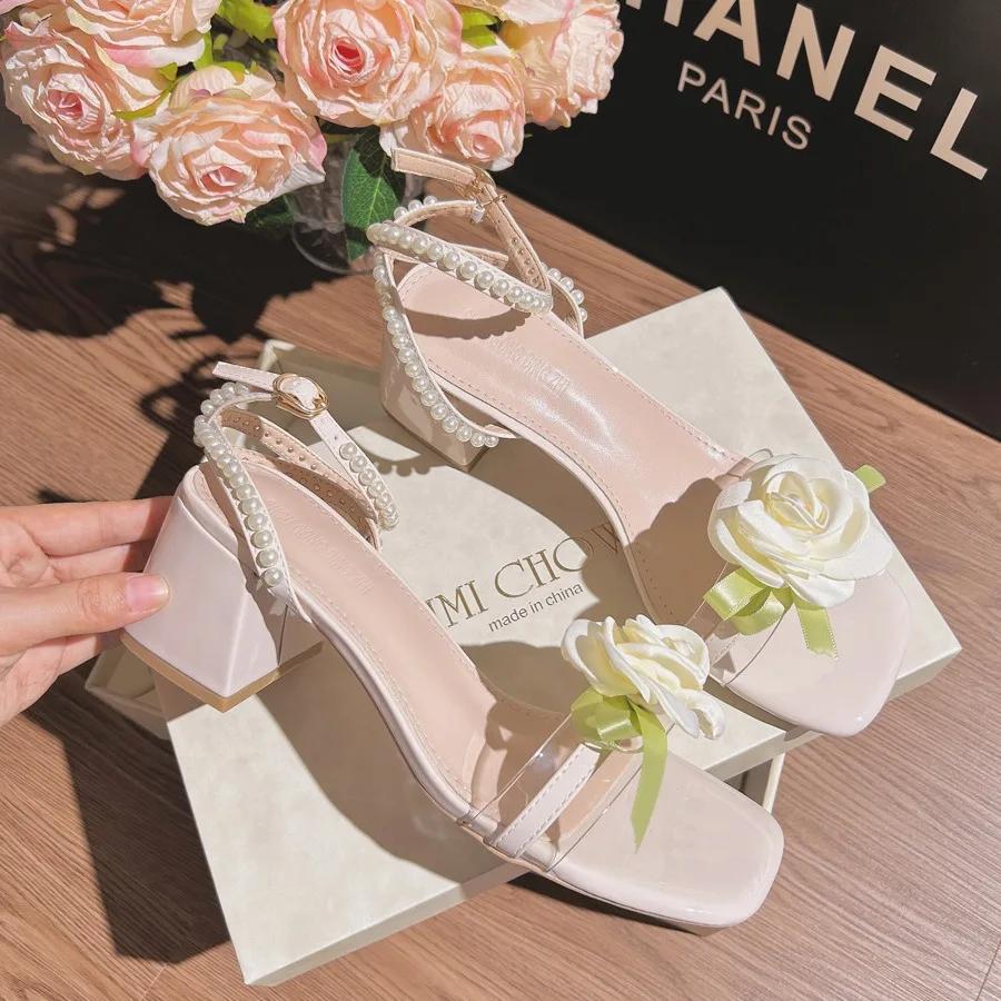 New Exquisite Women's Sandals Fairy Style Coarse Heel Flower Fashion Casual Women's Sandals Root Pearl High Heels Women's Shoes