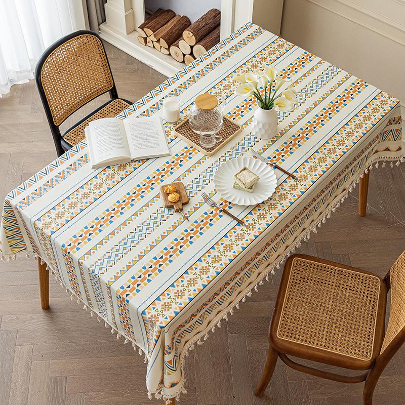 Cotton Linen Rectangle Tablecloth Boho Tassel Farmhouse Tablecloth Wrinkle Free Indoor Outdoor Table Cover for Party, Picnic, Kitchen Dining Room