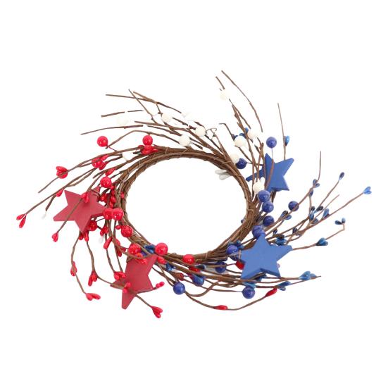 Patriotic Candle Ring Wreath Red White Blue Star Mixed Artificial Berry Candle Wreath Mini Pillar Candle Holder for 4th of July Tabletop Decor