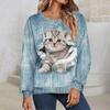 Spring Autumn Cartoon Cat Print Sweatshirt Leisure O-Neck Long Sleeve Pullovers Women Loose Thin Tops