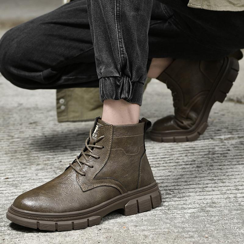 Men High Top Workwear Boots PU Low Heel Round Toe Lace Up Fashionable Classic Men Shoes