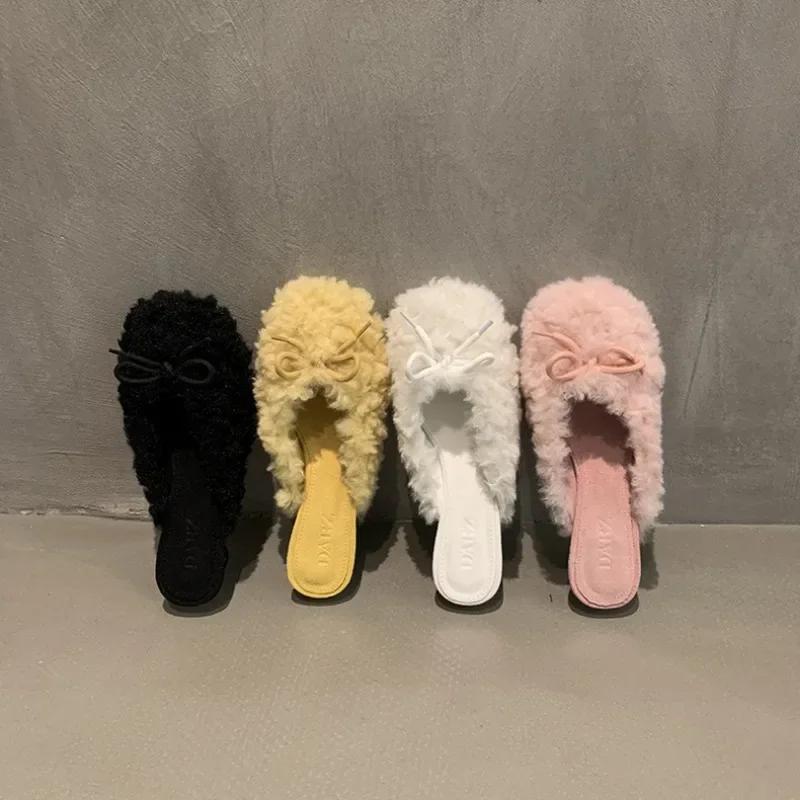 Fashion Women Fashion Elegant Round Toe Lamb Hair Slippers Winter Outdoor High Heel Banquet Plush Shoes Female Zapatillas Mujer