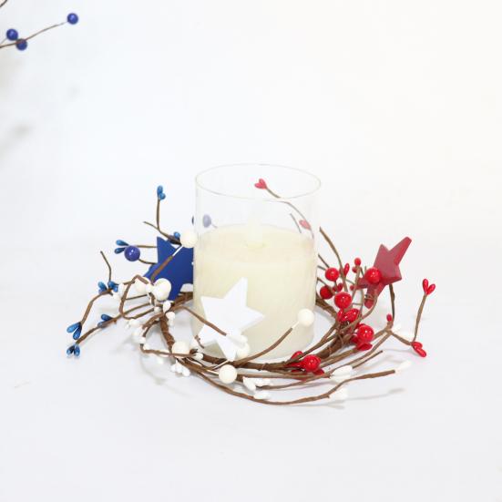 Patriotic Candle Ring Wreath Red White Blue Star Mixed Artificial Berry Candle Wreath Mini Pillar Candle Holder for 4th of July Tabletop Decor