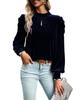 Navy Blue Mock Neck Puff Sleeve Velvet Blouse