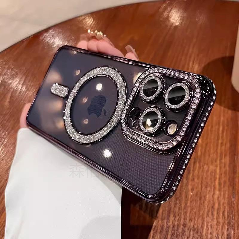 Applicable To IPhone17proMax Flash Powder Magnetic Suction Mobile Phone Case Rhinestone Apple 16 Electroplated Anti Fall 15 Protective Case 14