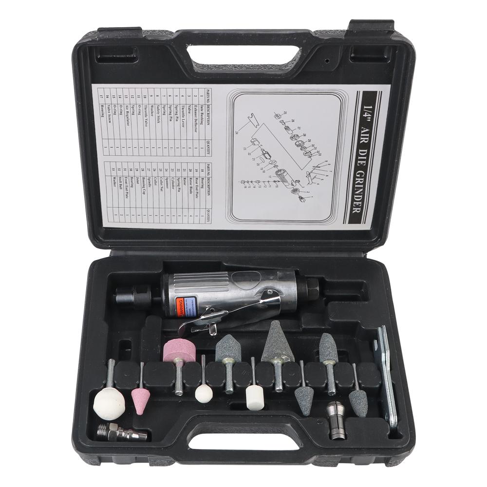 Pneumatic Die Grinder Car Tool Grinding Polishing Machine Kit Air Grinder Mill Engraving Tool 1/4" 1/8" 16Pcs Air Die Grinder