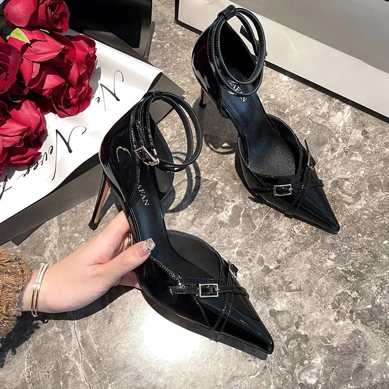 Black High Heels Pumps for Women 2025 Spring Fashion Ankle Straps Party Shoes Woman Pointed Toe Thin Heel Buckle Single Shoes