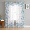Spring Watercolor Blue Flowers Window Tulle Curtains For Living Room Kitchen Modern Window Treatments Voile Curtains