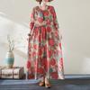 Spring Floral Print Round Neck Retro Loose Long Dress Green Blue Long Sleeve Cotton Linen Dress Women's Clothing