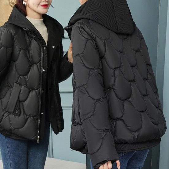 Women Winter Coat Fake Two-piece Zipper Button Closure Padded Hooded Turn-down Collar