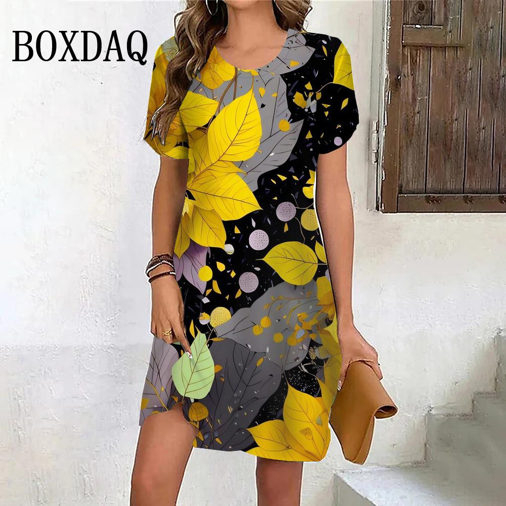 Fashion Oversized Clothing Tie Dye Leaves 3D Print Women Dress Summer Casual Ladies Short Sleeve O-Neck Loose Plus Size Dresses
