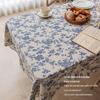 Nordic Style Blue Floral Cotton Linen Tablecloth - Retro Pastoral Design for Dining or Photo Background