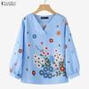 Women Casual V-Neck 3/4 Sleeve Loose Floral Print Blouse