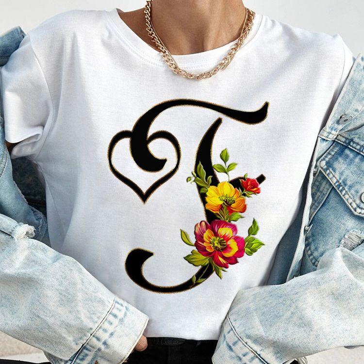 Custom Name Letter Combination Tops Fashion Women T-Shirt Rose Flower Heart Letter Font A B C D Short Sleeve Tees Black T-Shirt