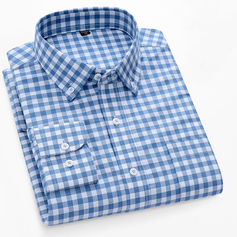 Pure Cotton Long Sleeve Office Men Plaid Shirts Button Collar for Business Checked Design Comfortable Male Clothing with Chest Pocket