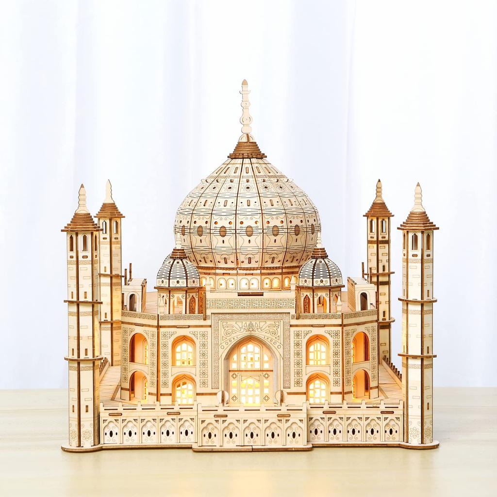 Hallisun 3D Wooden Puzzle Taj Mahal Wooden Model with LED Light India Building Building 3D Puzzle Craft Handicraft DIY Mechanical Assembly Kit for