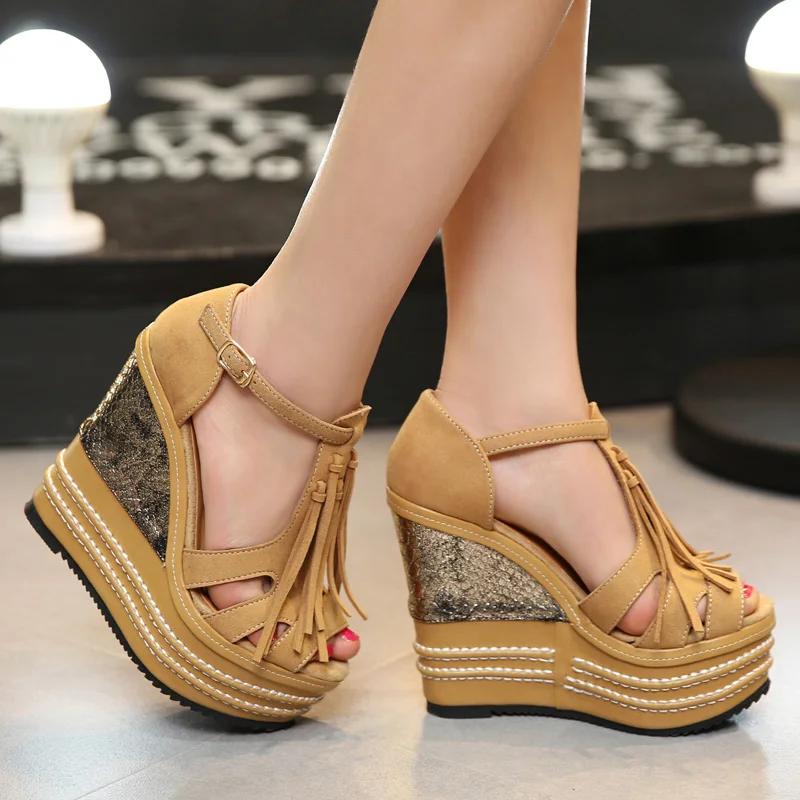 Ethnic-inspired 14CM Extreme High Wedge Sandals - 2025 Trendy Summer Women's Platform Shoes with Tassel Details Club Events