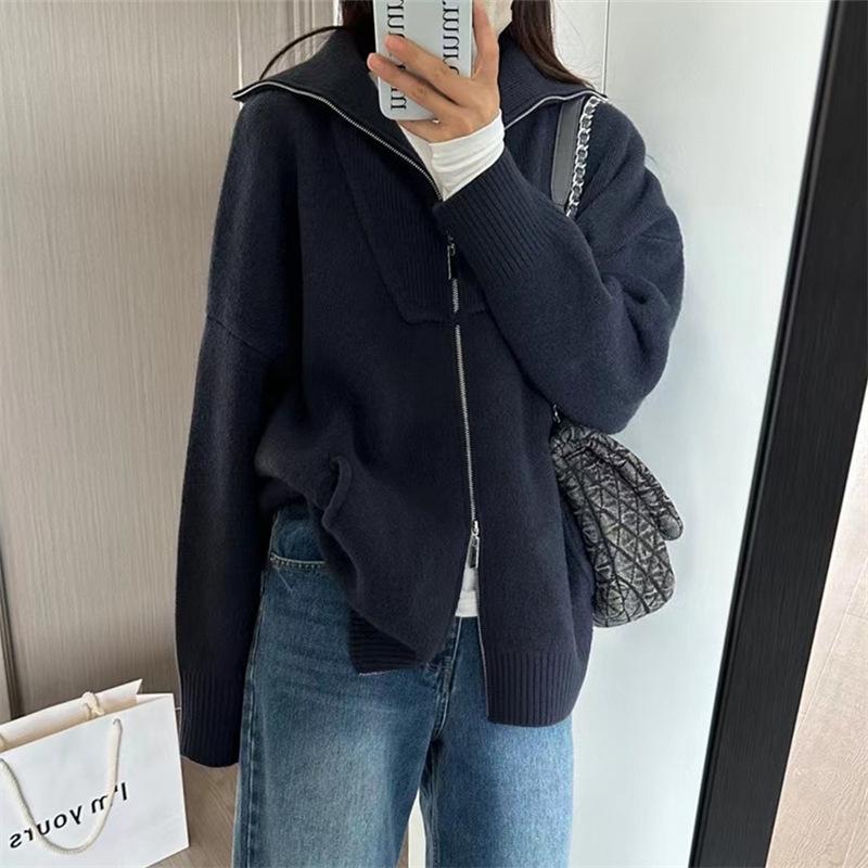 Double Zipper Lapel Thick Lazy Style Sweater Autumn and Winter Loose Large Size Solid Color Sweater Women