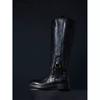 Cowhide Version~ High Tube Temperament Metal Buckle But Knee Knight Boots Women's Black Leather Thick Heel Side Zipper Boots