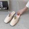 Women Mules Summer Elegant Square Closed Toe Flat Slippers Female Casual Leather Elegant Comfortable Slides Plus Size 35-43